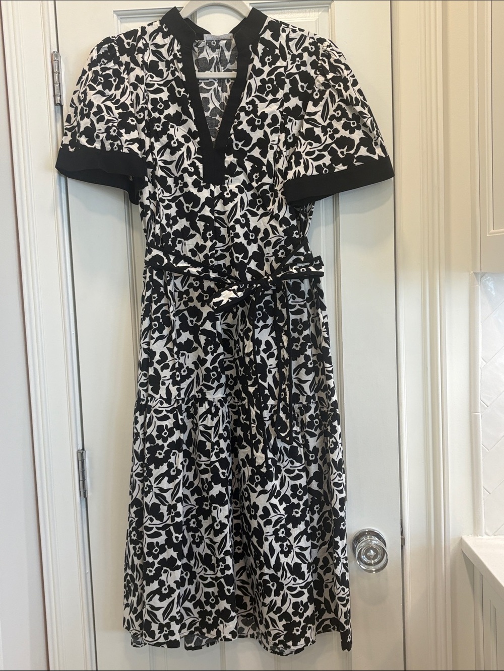 Black & White Floral Midi Dress with Tie Waist